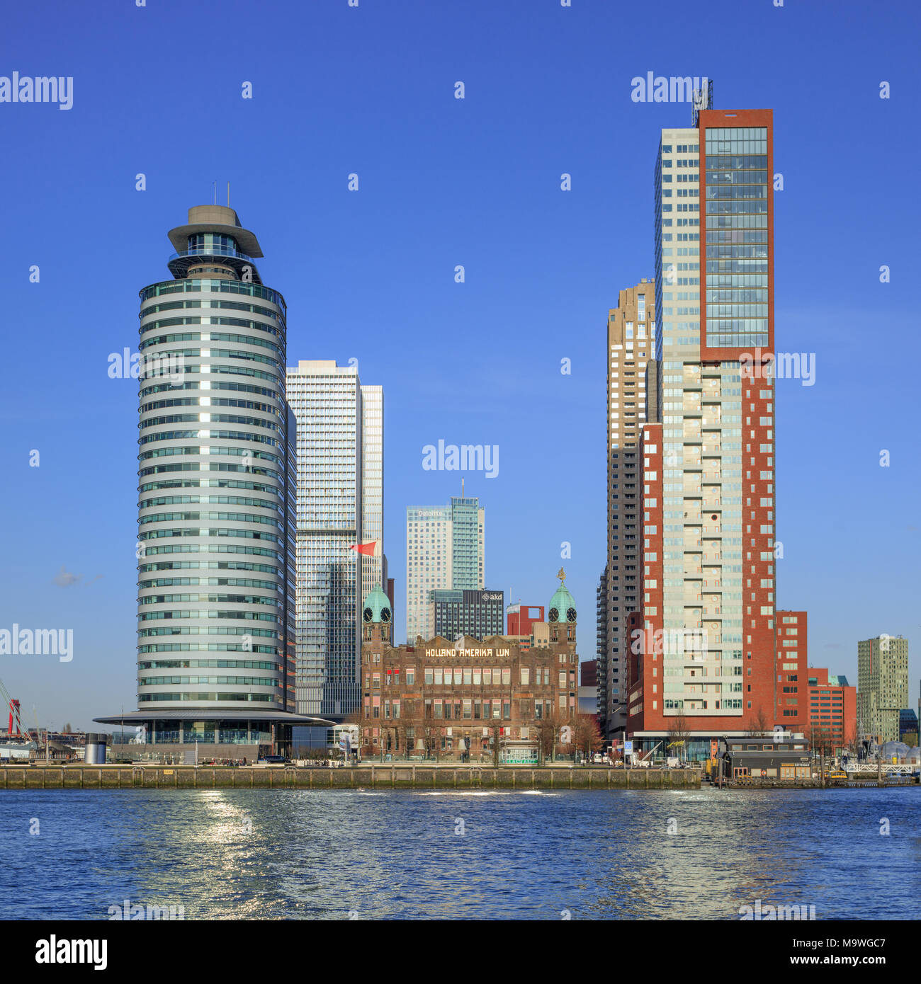 ROTTERDAM-FEBRUARY 13, 2018. Hotel New York, Montevideo tower and world Port at Kop van Zuid, a relatively new area on the south bank of the Maas. Stock Photo