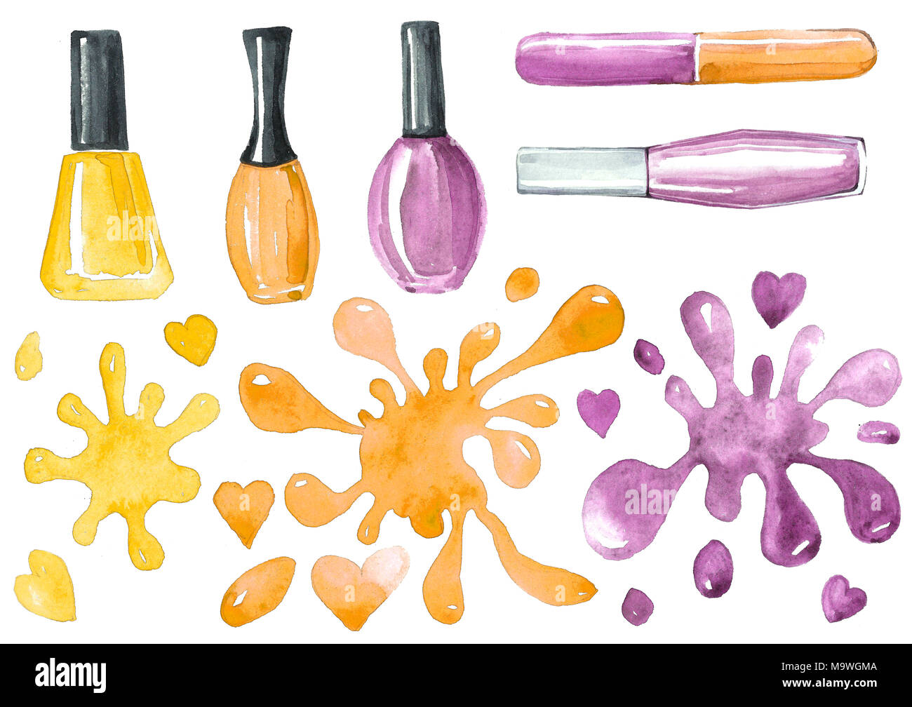 Watercolor illustration of nail polish manicure and blots in yellow