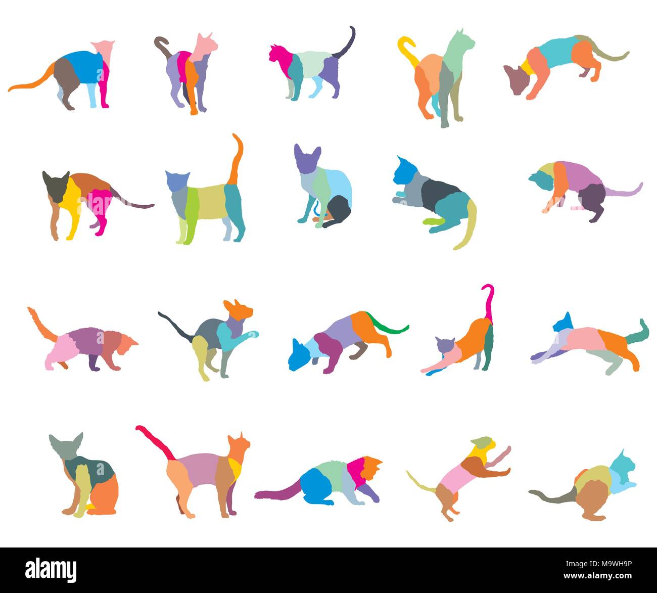 Set of colorful mosaic different breeds cats silhouettes (sitting, standing, lying, playing) isolated on white background. Vector illustration. Stock Vector
