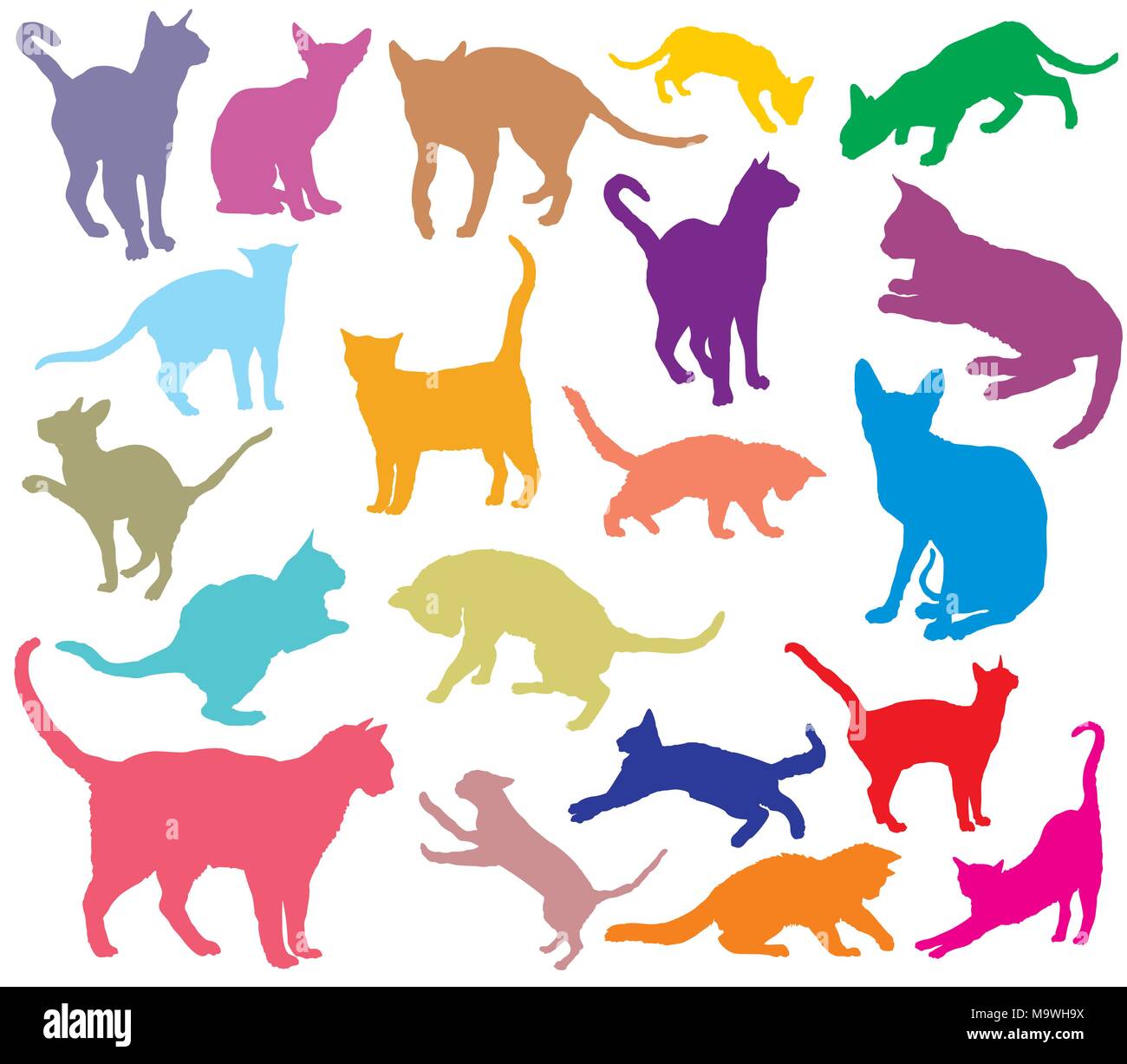 Set of cats different breeds silhouettes (sitting, standing, lying, playing) in different color isolated on white background. Vector colorful illustra Stock Vector