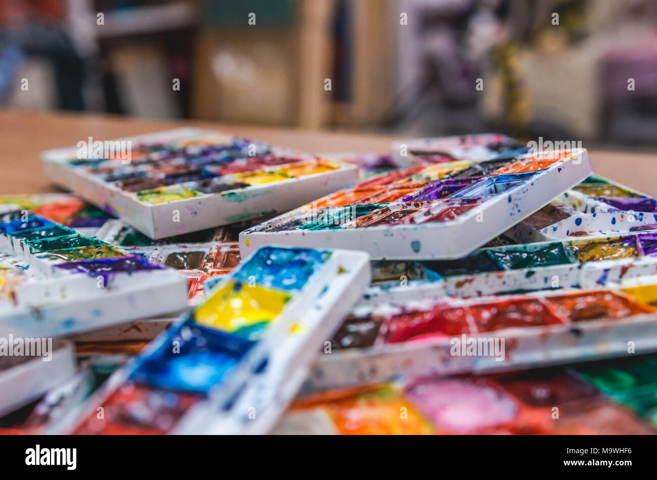 Set of watercolor palette. Painting Studio Stock Photo Alamy
