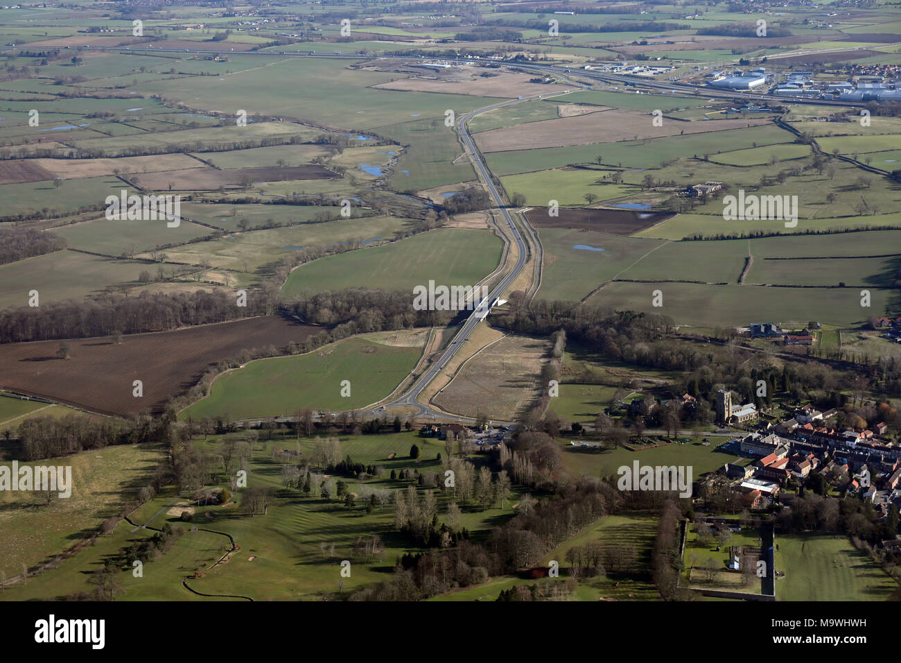 aerial view looking north east up the new Bedale bypass A684 towards the A1 motorway, North Yorkshire, UK Stock Photo