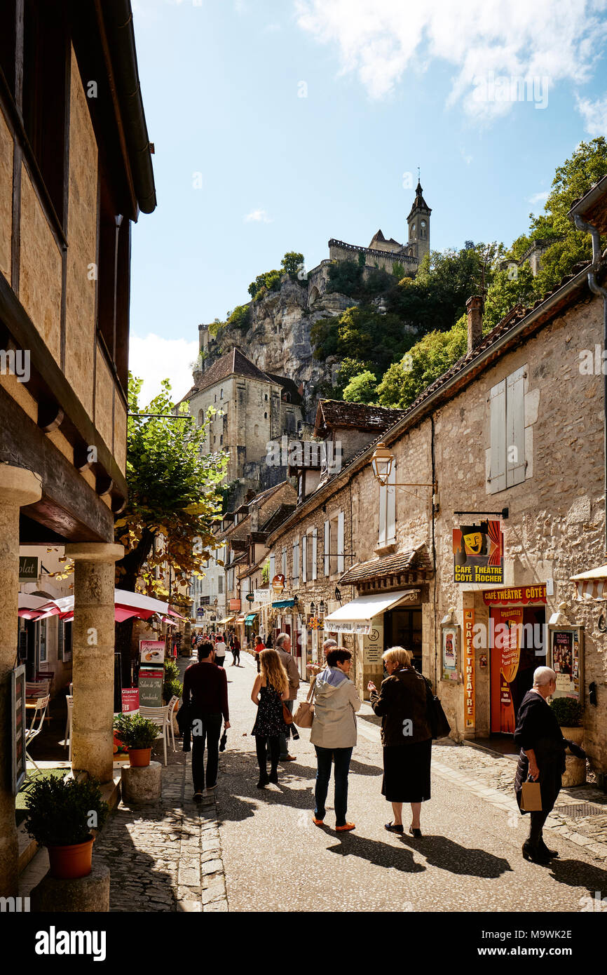 The pedestrianised street and shops of Rocamadour a vertical clifftop village in Lot south-central France. Stock Photo
