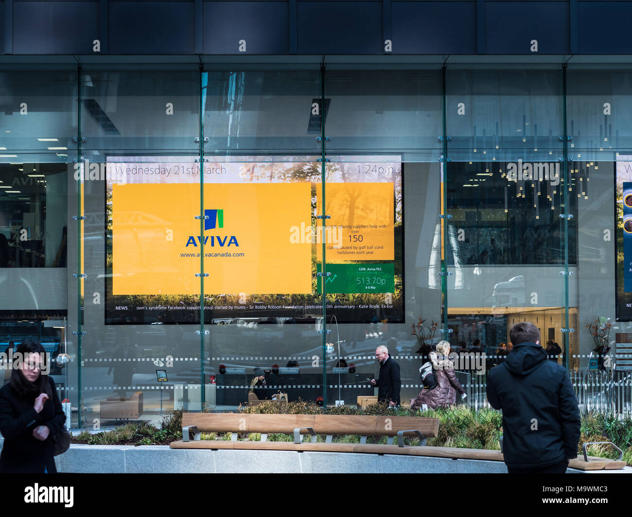 Aviva Plc HQ London -  display in the foyer of the St Helen's building, formerly Aviva Tower, St Mary Axe in the City of London. Aviva Headquarters HQ Stock Photo