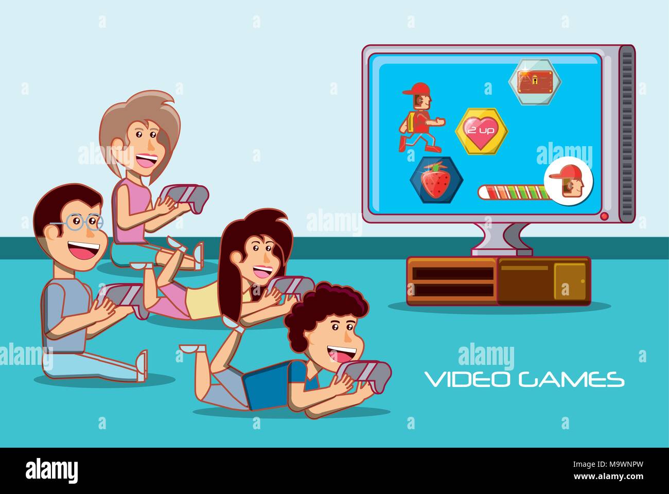 Kids Playing With Video Game Console Vector Illustration Stock Vector Image Art Alamy