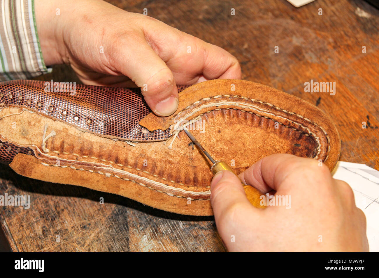 Fixing the sewing thread of a brown leather shoe shows the craftsmanship of a Dutch shoemaker in Oegstgeest the Netherlands. Stock Photo