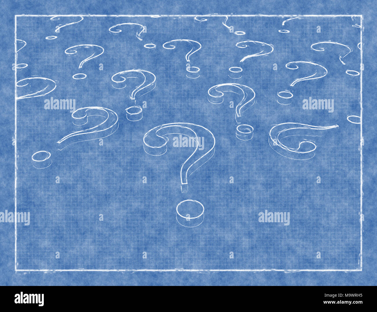 3D question marks on blueprint background Stock Photo