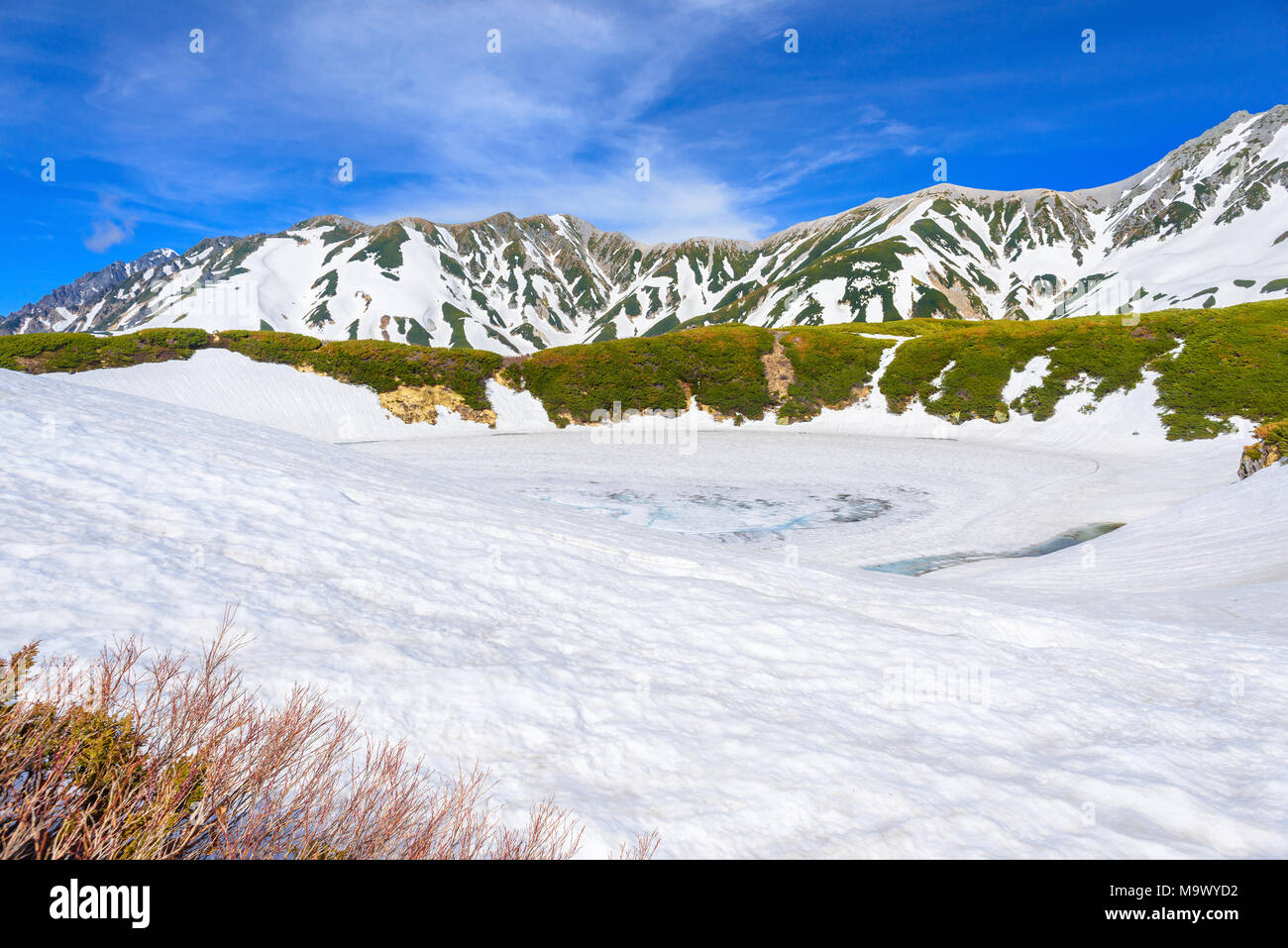 Views of the Tateyama Mountain Range at Murodo. Murodo is the highest point along the Tateyama Kurobe Alpine Route. Stock Photo