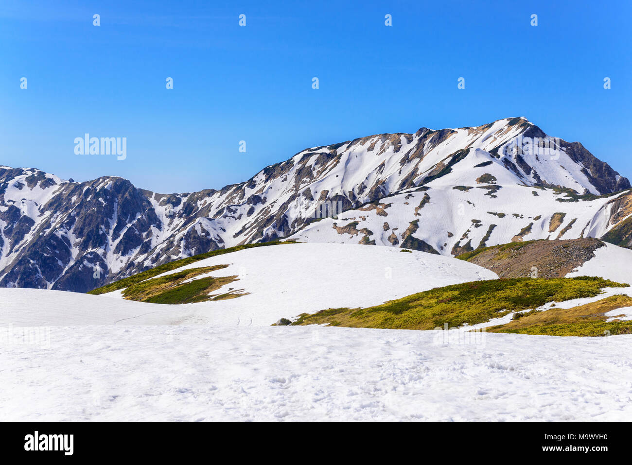 Views of the Tateyama Mountain Range at Murodo. Murodo is the highest point along the Tateyama Kurobe Alpine Route. Stock Photo
