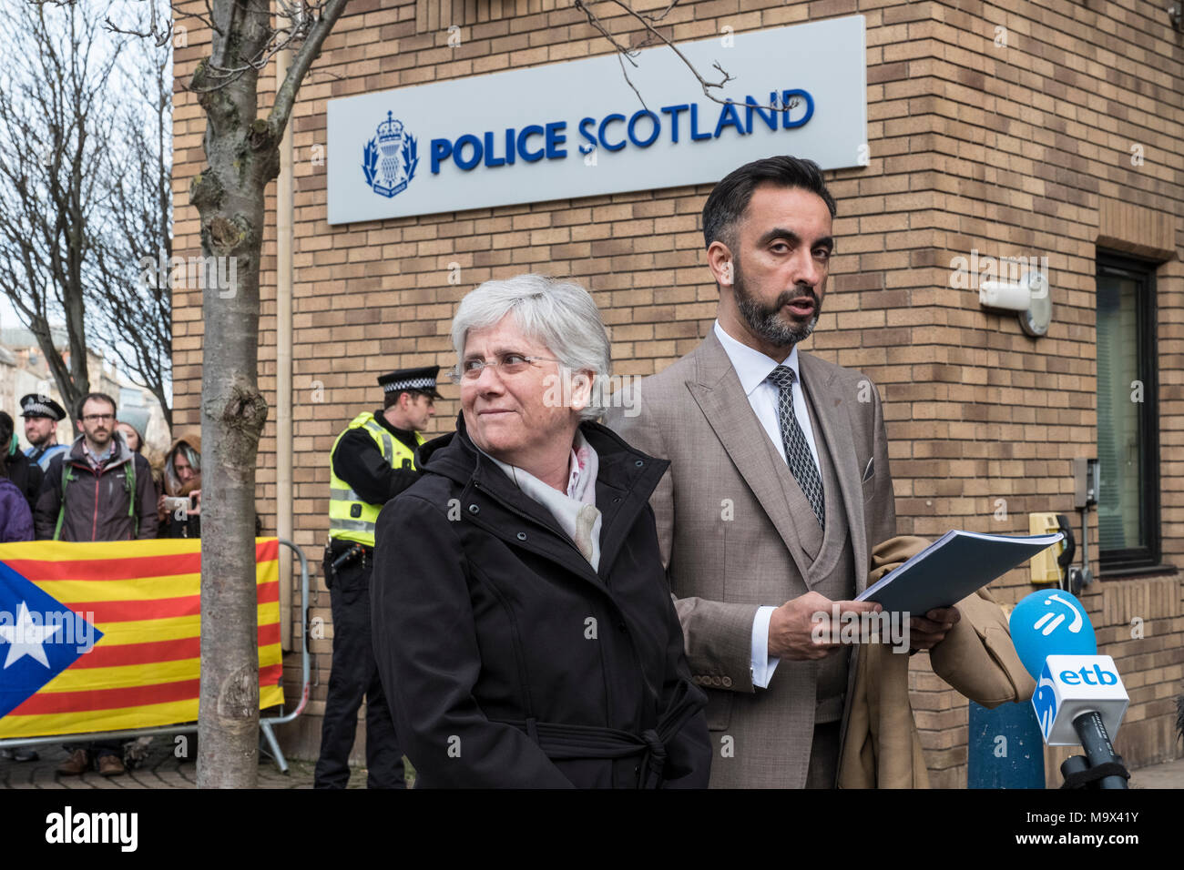 Edinburgh, Scotland,UK. 28 March 2018.  former Catalonia Education Minister and independence supporter Clara Ponsati with lawyer Aamer Anwar, outside St Leonards police station in Edinburgh prior to being issued European arrest warrant. Ponsati faces extradition to Spain Stock Photo