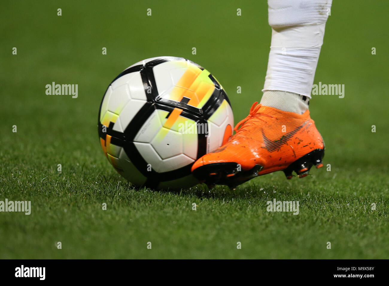 the boots of England player Ashley Young. Football International friendly,  England v Italy at Wembley Stadium in London on Tuesday 27th March 2018.  Editorial Use Only pic by Andrew Orchard/Alamy Live news