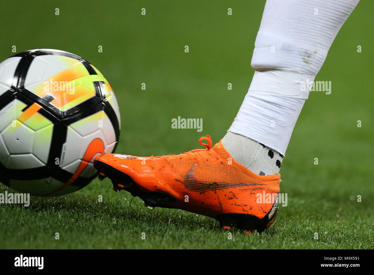 the boots of England player Ashley Young. Football International friendly, England v Italy at Wembley Stadium in London on Tuesday 27th March 2018.  Editorial Use Only pic by Andrew Orchard/Alamy Live news Stock Photo
