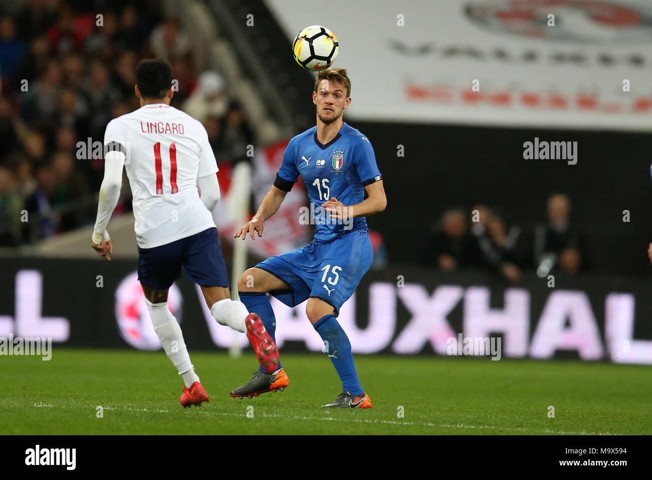 Daniele Rugani of Italy in action. Football International friendly, England v Italy at Wembley Stadium in London on Tuesday 27th March 2018.  Editorial Use Only pic by Andrew Orchard/Alamy Live news Stock Photo
