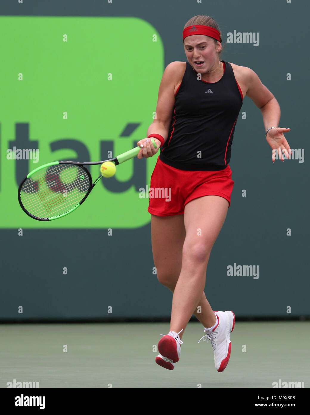 Key Biscayne, Florida, USA. 28th March, 2018. Jelena Ostapenko on Day 10 of  the Miami Open Presented by Itau at Crandon Park Tennis Center on March 28,  2018 in Key Biscayne, Florida
