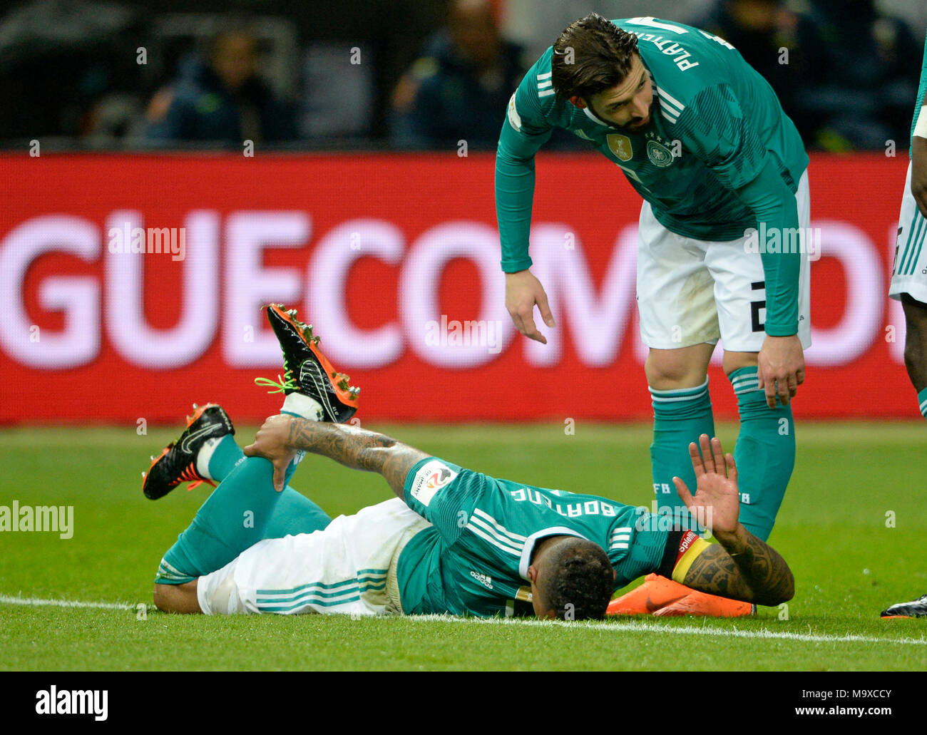 Jerome BOATENG (GER, am ground) with Schmerz, schmerzen, Verletzung, Marvin PLATTENHARDT (GER, re.), Fussball Laenderspiel, Freundschaftsspiel, Germany (GER) - Brasilien (BRA) 0:1, am 27.03.2018 in Berlin/ Germany. |usage worldwide Stock Photo