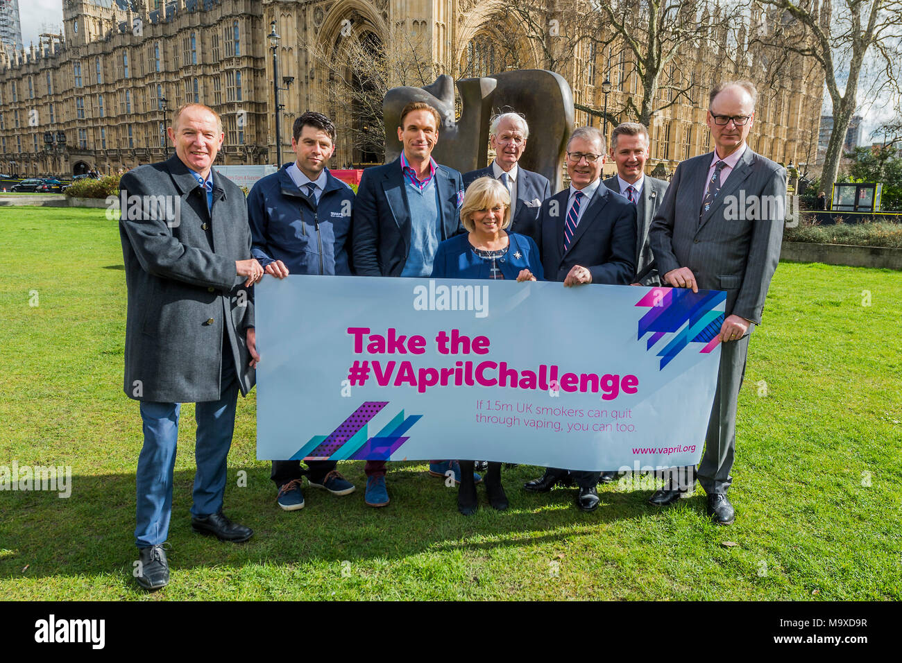 London, UK. 29th Mar, 2018. Sir Kevin Barron MP, Scott Mann MP, Dr Christian Jessen, Mary Glindon MP, Lord Cathcart, Mark Pawsey MP, Robert Sidebottom UKVIA and Lord Ridley - The All Party Parliamentary Group for E-Cigarettes launch VApril, a nationwide campaign being fronted by TV doctor, Dr Christian Jessen to encourage the UK’s 7m smokers to switch to vaping. Credit: Guy Bell/Alamy Live News Stock Photo