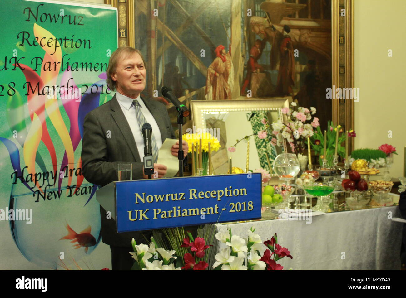London, UK. 28th Mar, 2018. Sir David Amess MP, London, UK, 28/03/2018 - Cross-party MPs & Peers joined members of the Anglo-Iranian community for Nowruz celebration in the UK Parliament on Wednesday 28 March 2018. Sir David Amess MP, co-chair of the British Committee for Iran Freedom urged the UK Government to recognise and support the organised democratic opposition coalition, the NCRI, led by its President-elect, Maryam Rajavi, as a viable alternative to the current theocracy. Credit: Siavosh Hosseini/Alamy Live News Stock Photo