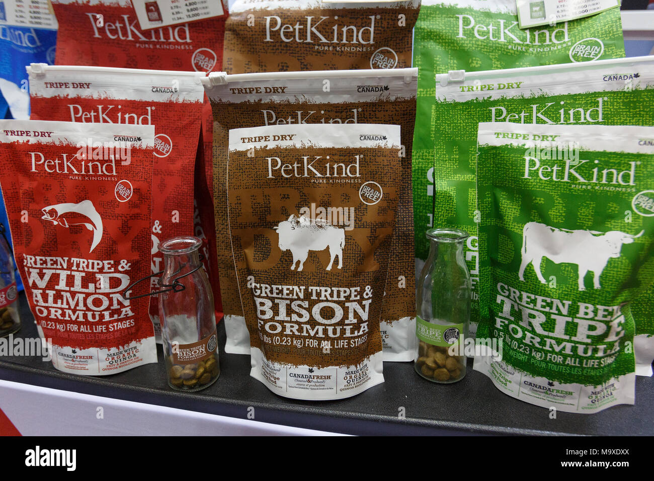 Food for pets on display at Interpets Asia Pacific in Tokyo Big Sight on March 29, 2018, Tokyo, Japan. This year, 503 companies from 22 countries participated in the 4-day event to