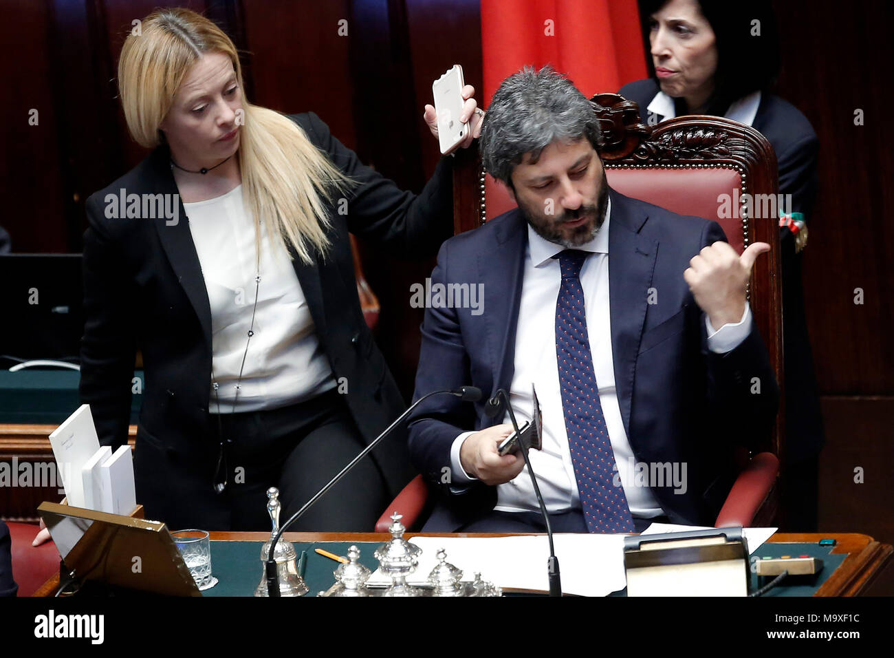 Roberto Fico e Giorgia Meloni Roma 29/03/2018. Camera dei Deputati. Votazione per l'elezione dei vicepresidenti, dei questori e dei segretari. Rome March 29th 2018. Chamber of Deputies. Votation to elect vice-presidents, superintendents and secretaries. Foto Samantha Zucchi Insidefoto Stock Photo