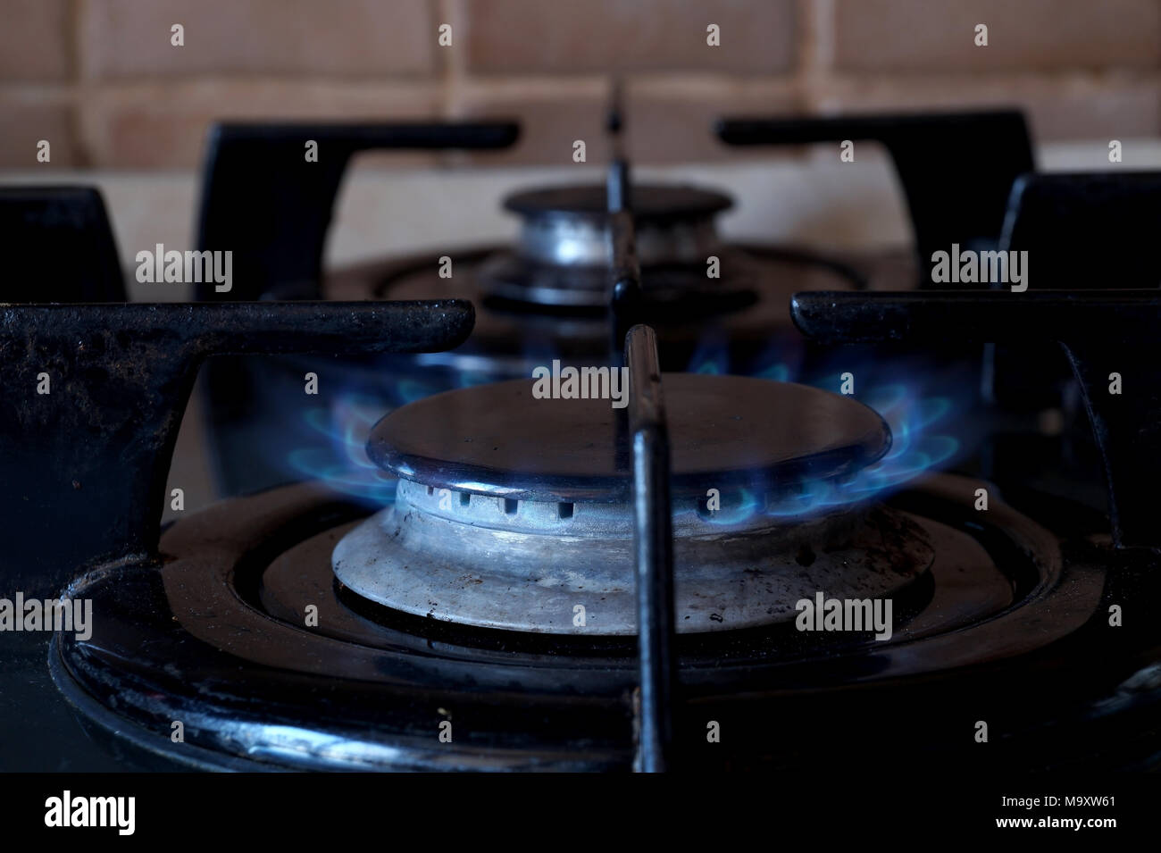 The burning gas ring on the stove Stock Photo Alamy