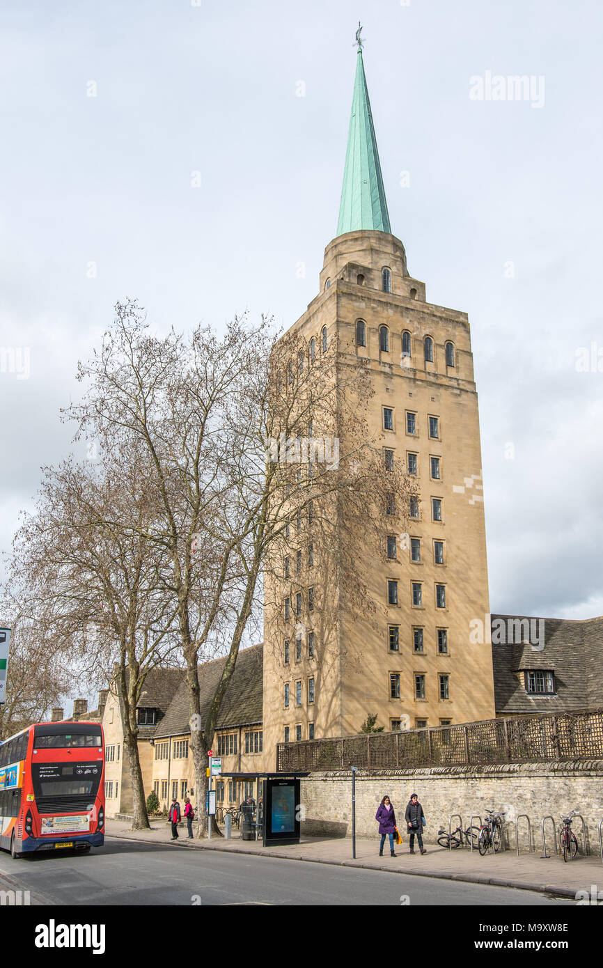 The tower and spire of the university's Nuffield college in the town of Oxford, England. Stock Photo