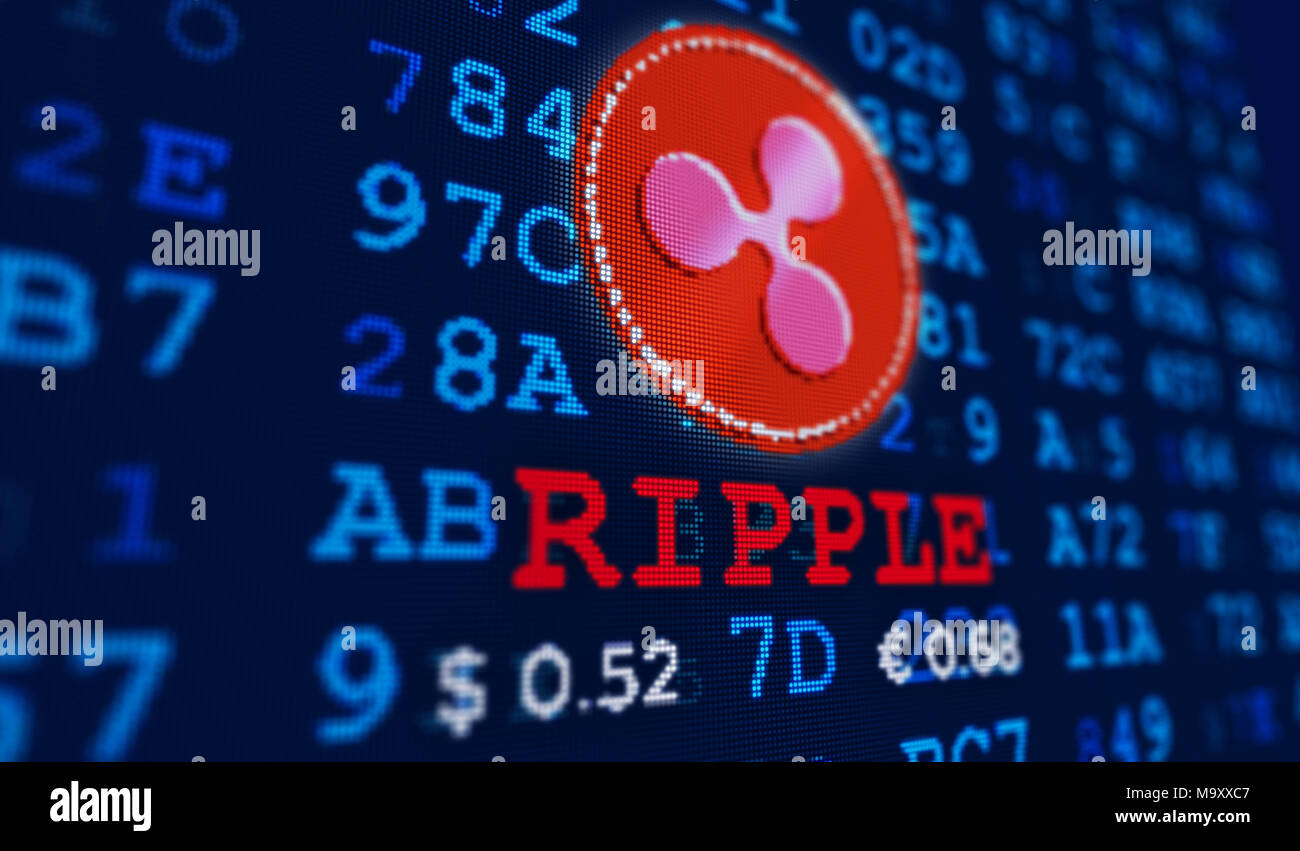 Ripple currency in screen stylized graphic. Coin and pixel cryptocurrency name on digital numbers background. Stock Photo