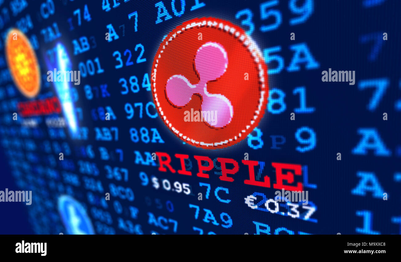 Ripple currency in screen stylized graphic. Coin and pixel cryptocurrency name on digital numbers background. Stock Photo