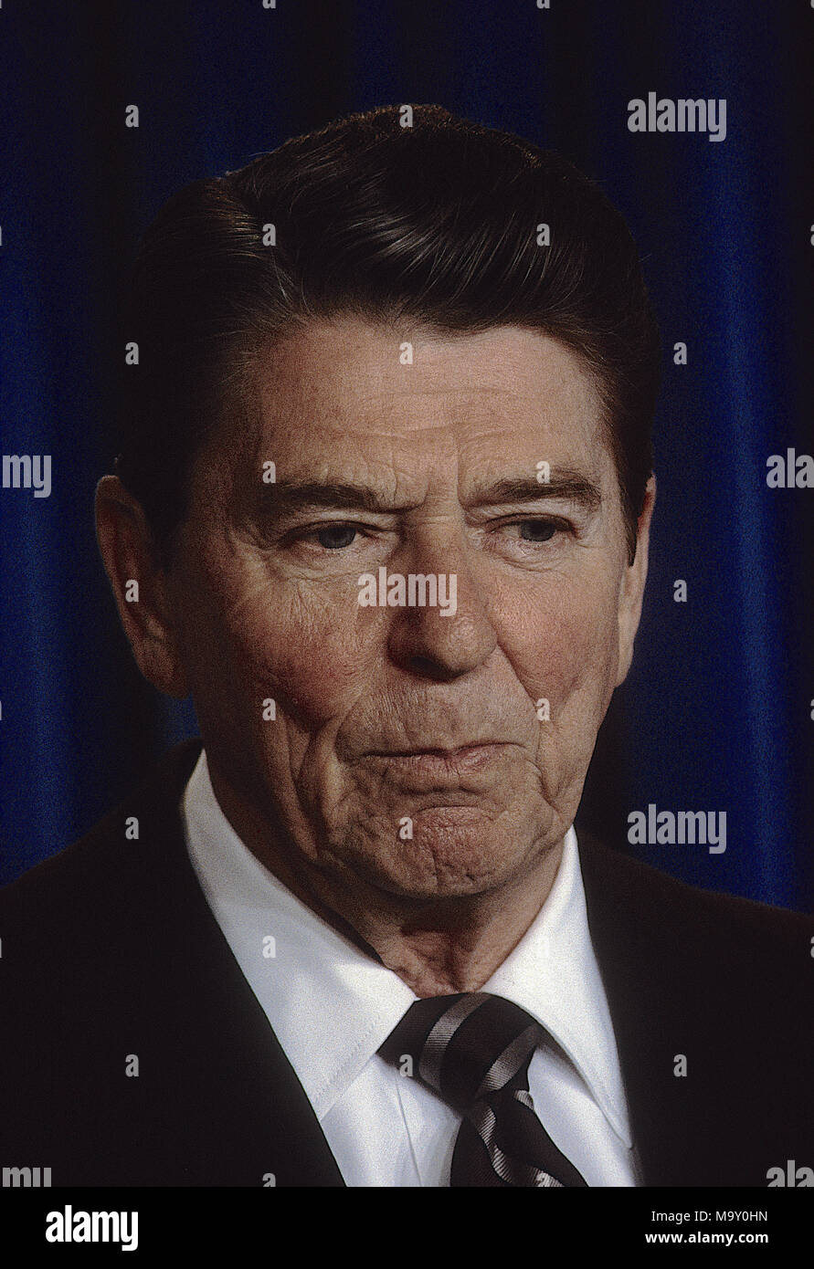 Washington, DC., USA, May 14, 1984 President Ronald Reagan delivers remarks during a question-and-answer session with reporters on foreign and domestic issues in the briefing room of the White House. Credit: Mark Reinstein/MediaPunch Stock Photo