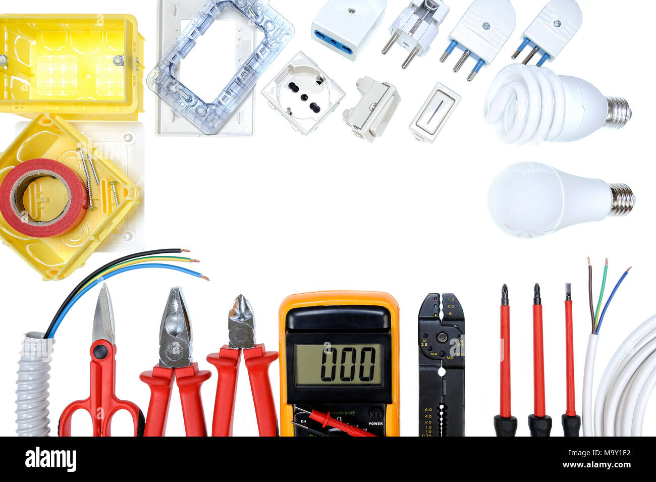 Premium Photo  Working tools, light bulb and components. electrical objects