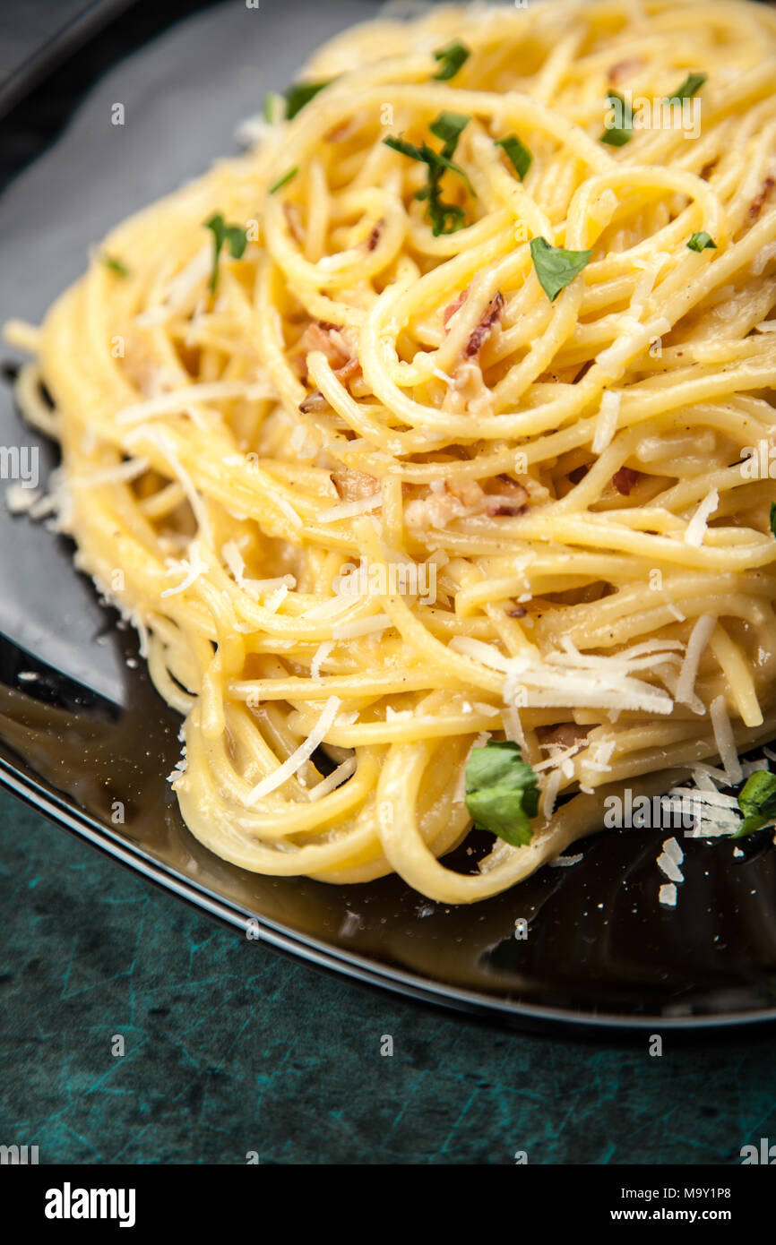 Spaghetti carbonara with egg and pancetta Stock Photo Alamy