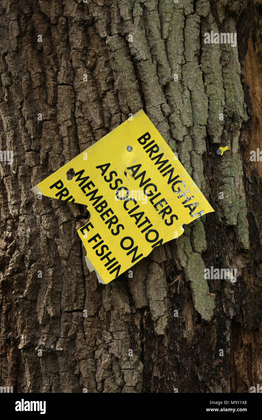 Broken sign on a tree alongside the river Severn near Bewdley, Worcestershire, uk. Stock Photo