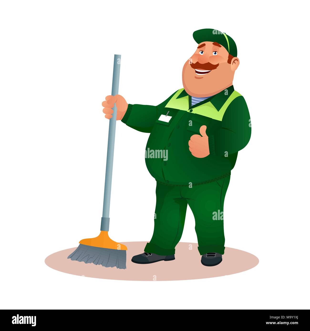 Happy flat cleaner in uniform from janitorial service or office cleaning. Funny cartoon janitor with mop and ok gesture. Smiling fat character in green suit with broom. Colorful vector illustration. Stock Vector