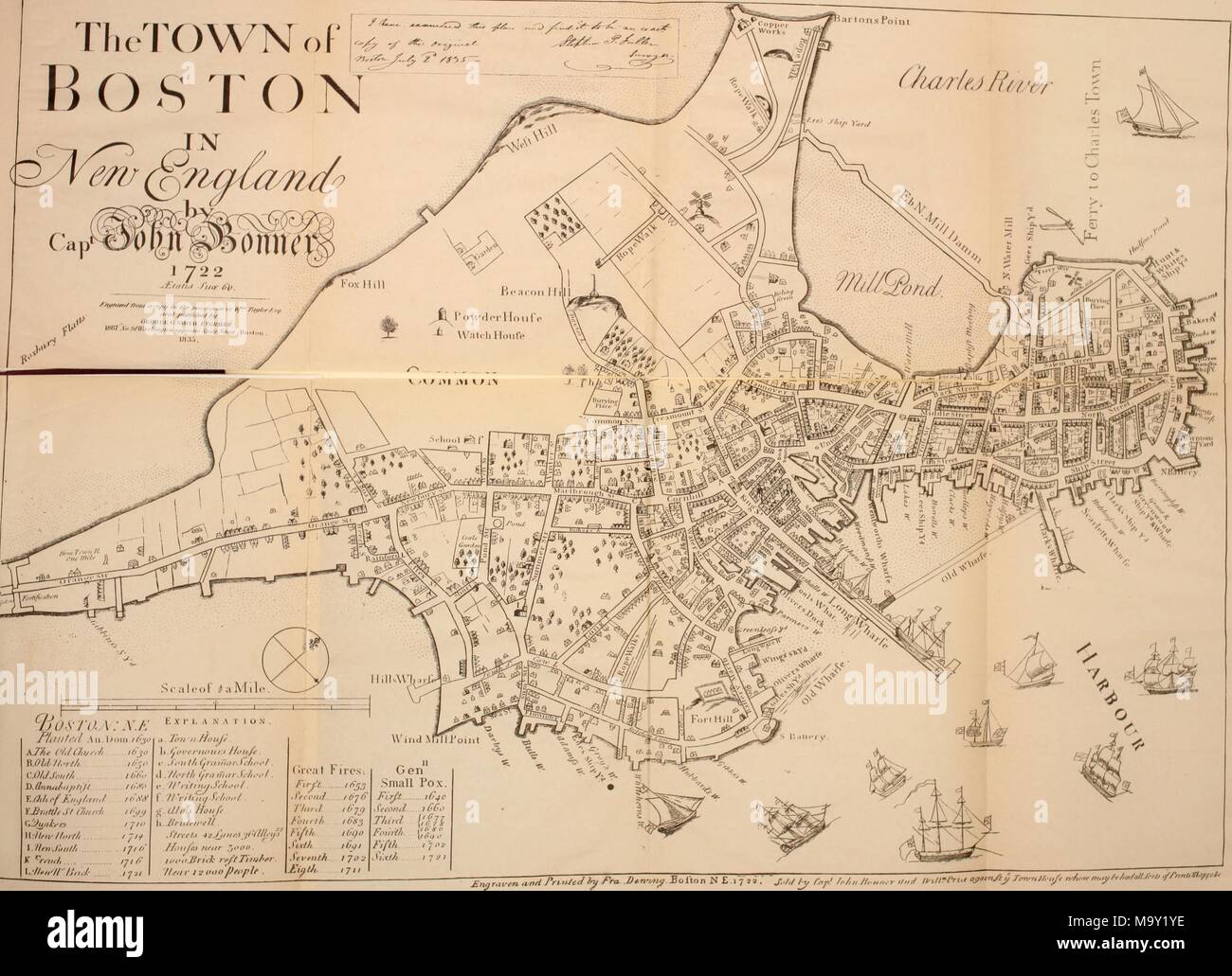 Black and white illustration depicting a map of the city of Boston, Massachusetts, USA, in the year 1722, with points of interest and areas suffering smallpox and fires notated, captioned 'The Town of Boston in New England by Capt John Bonner 1722, ' from the volume 'Old Boston Taverns and Tavern Clubs, ' authored by Samuel Adams Drake and Walter Kendall Watkins, 1917. () Stock Photo