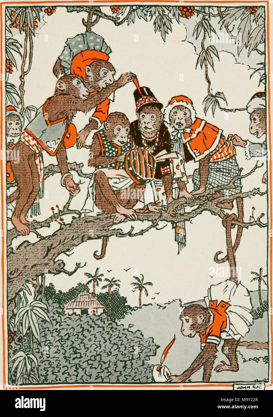 Color illustration depicting eight small monkeys, wearing colorful vests, hats, skirts, etc, standing, sitting and hanging from their tails on a tree branch in the foreground, with foliage, palm trees and a palm-roof hut in the background, from the volume 'Story of the Mince Pie' authored by Josephine Scribner Gates, 1916. Courtesy Internet Archive. () Stock Photo