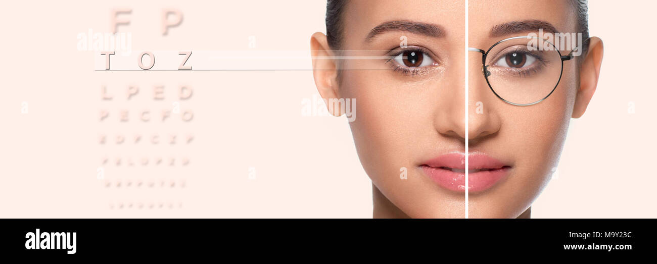 woman face with glasses and without glasses Stock Photo Alamy