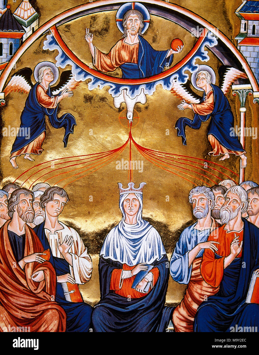 Pentecost. Miniature from Ingeborg Psalter, late 12th century. Created about 1195 in northern France for Ingeborg of Denmark, wife of king Philip II of France. Gothic miniature. Conde Museum. Chateau of Chantilly. France. Stock Photo