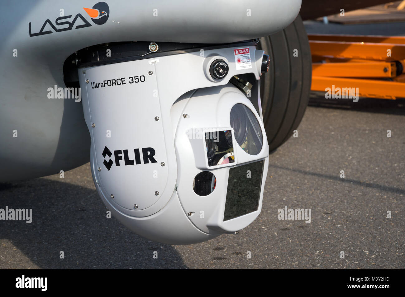 PARIS, FRANCE - JUN 22, 2017: UltraForce 350 multi-Sensor surveillance pod under an airplane. Stock Photo