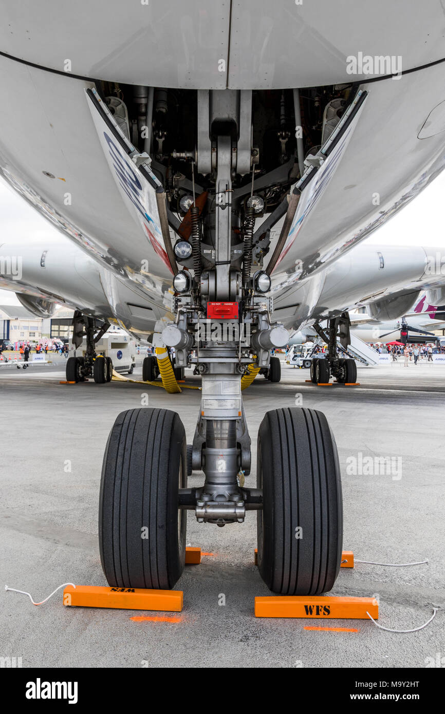 PARIS, FRANCE - JUN 23, 2017: Nose landing gear on an Airbus A380 airliner. Stock Photo