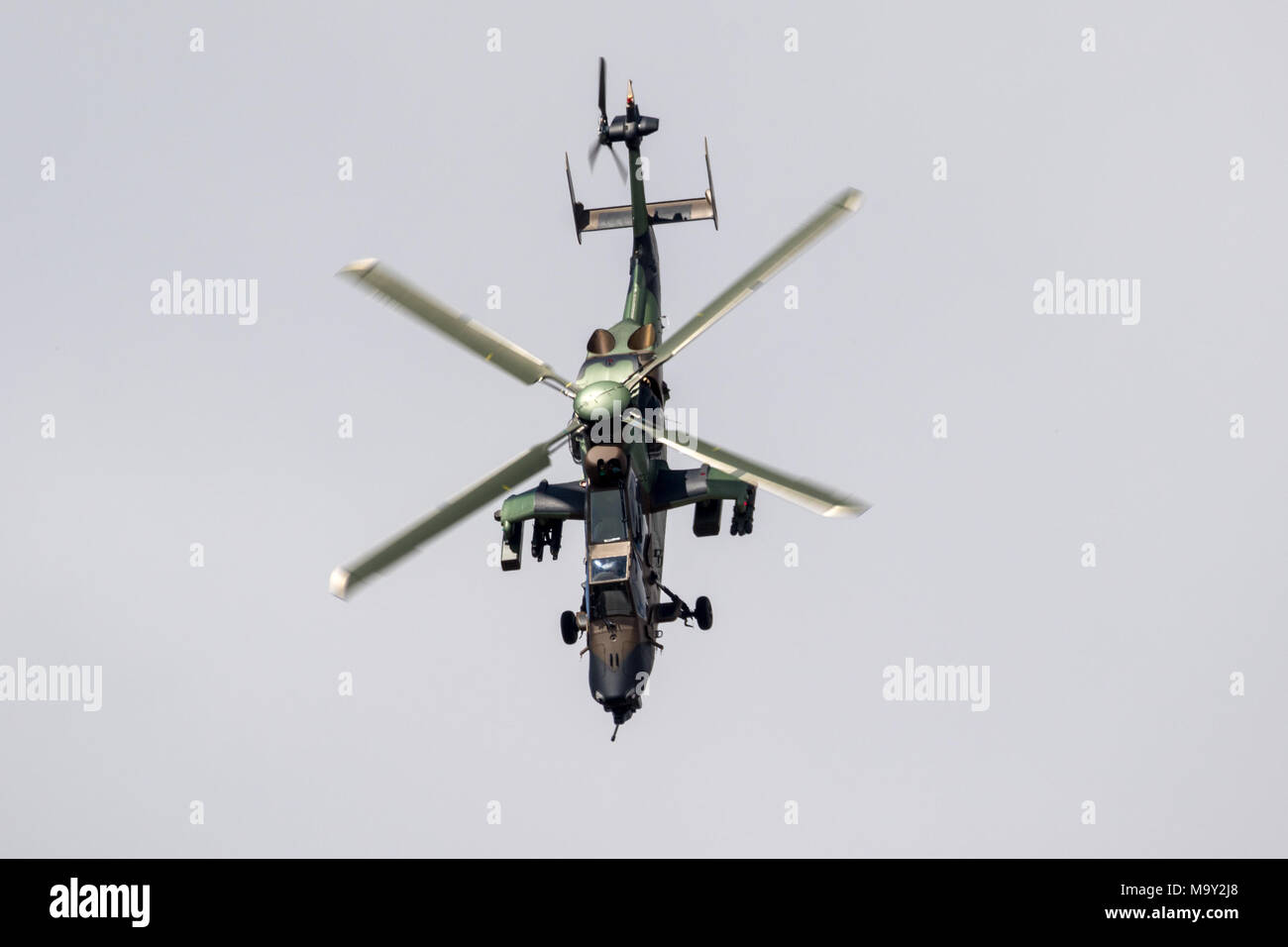 PARIS, FRANCE - JUN 23, 2017: French Army Eurocopter Airbus EC665 Tigre attack helicopter flying at the Paris Air Show 2017 Stock Photo