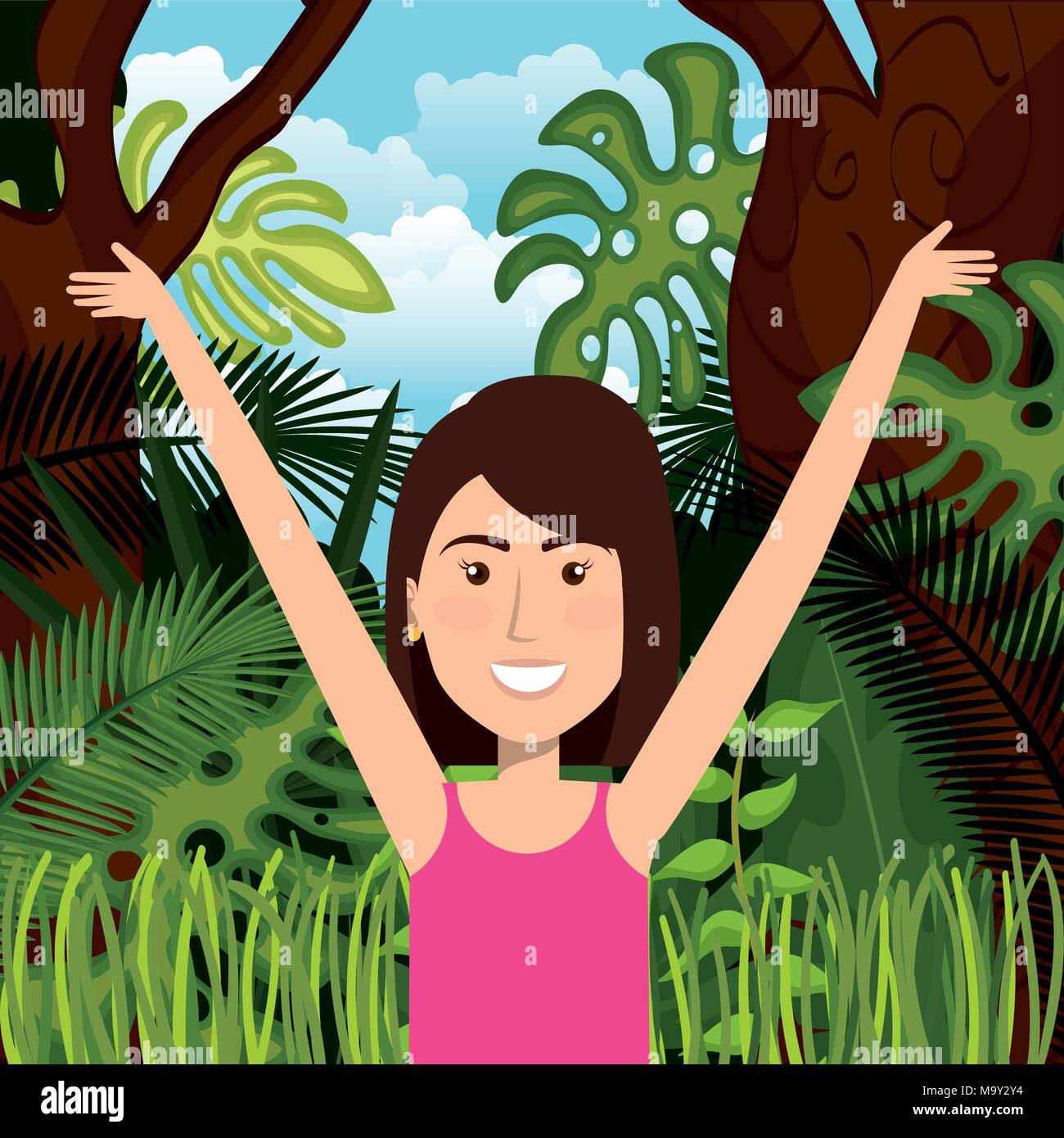 woman celebrating in the jungle Stock Vector