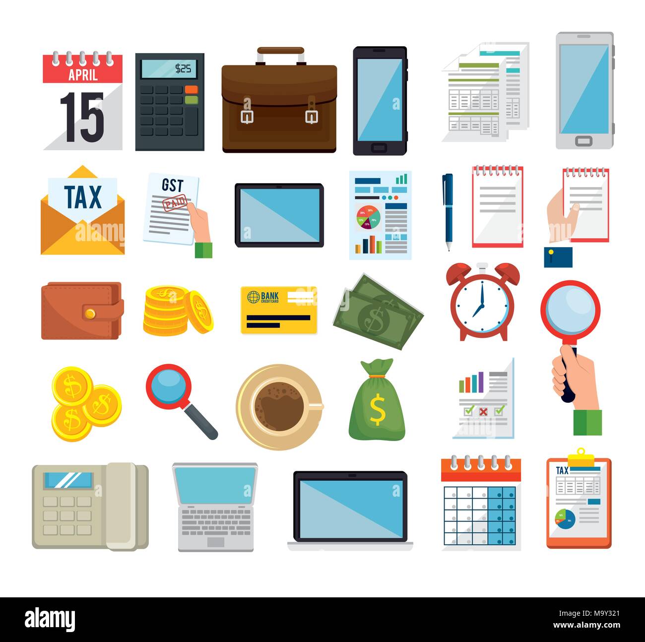 tax day time set icons Stock Vector