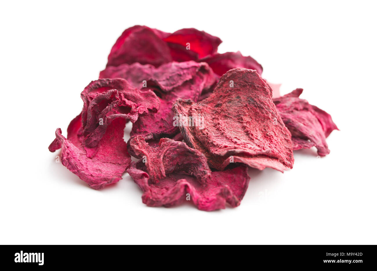 Dried beetroot chips isolated on white background. Stock Photo
