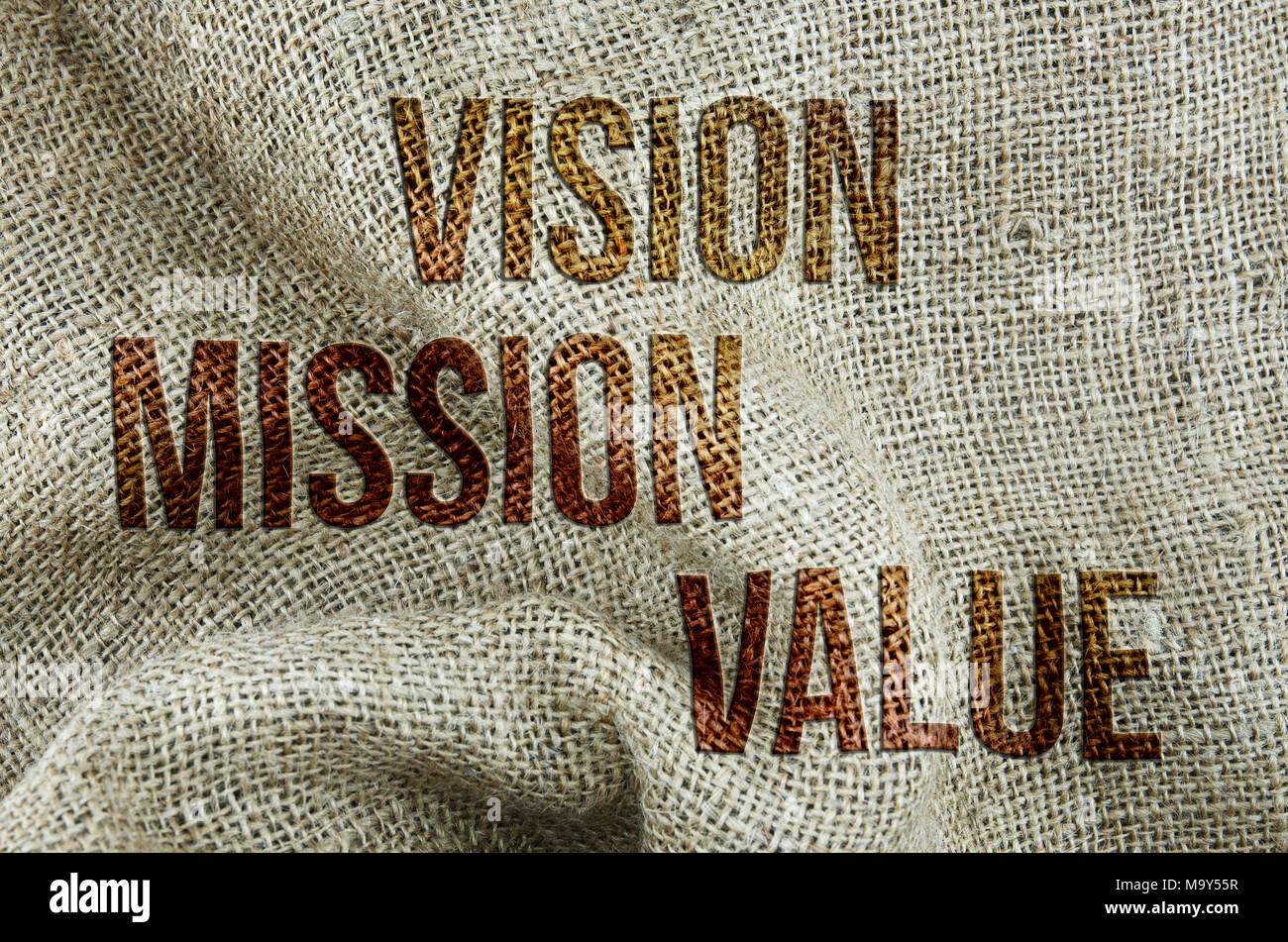 Vision, Mission, Value, business embossed conceptual words, with gunny ...