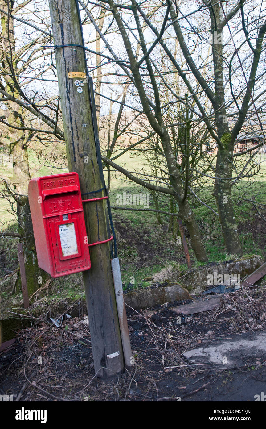 Mail Box fastened to telegraph pole in countryside at Higher Brock Mill, Bleasdale, Preston, lancashire, England UK Stock Photo