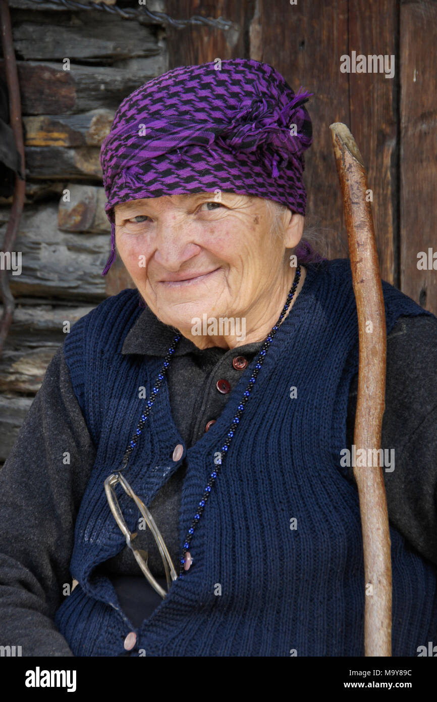 Portrait of an elderly woman, Ushguli, Upper Svaneti, Georgia Stock Photo
