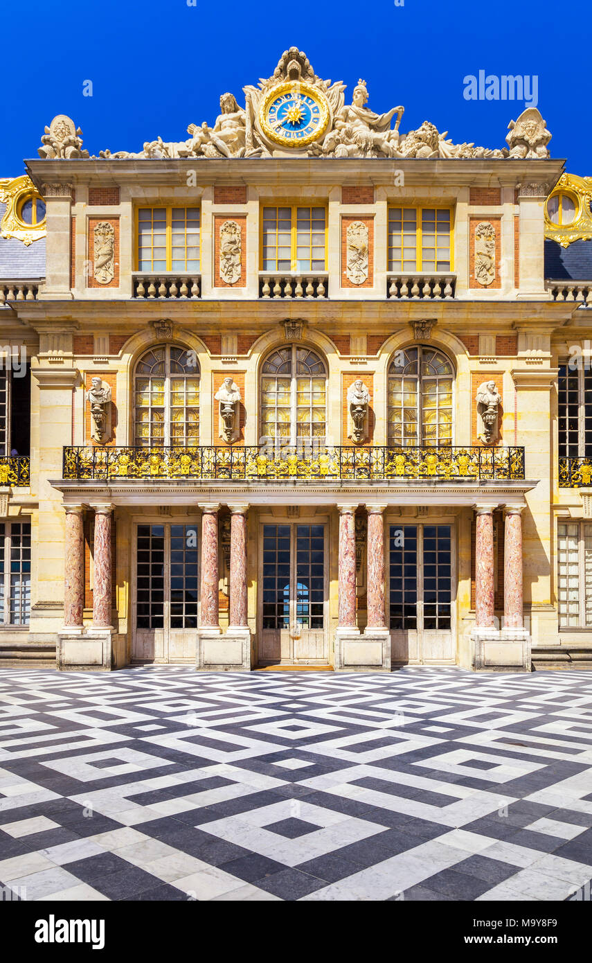 VERSAILLES / FRANCE - JULY 23, 2010: View of exterior Marble Court facade of Versailles Palace on July 23, 2010. Stock Photo
