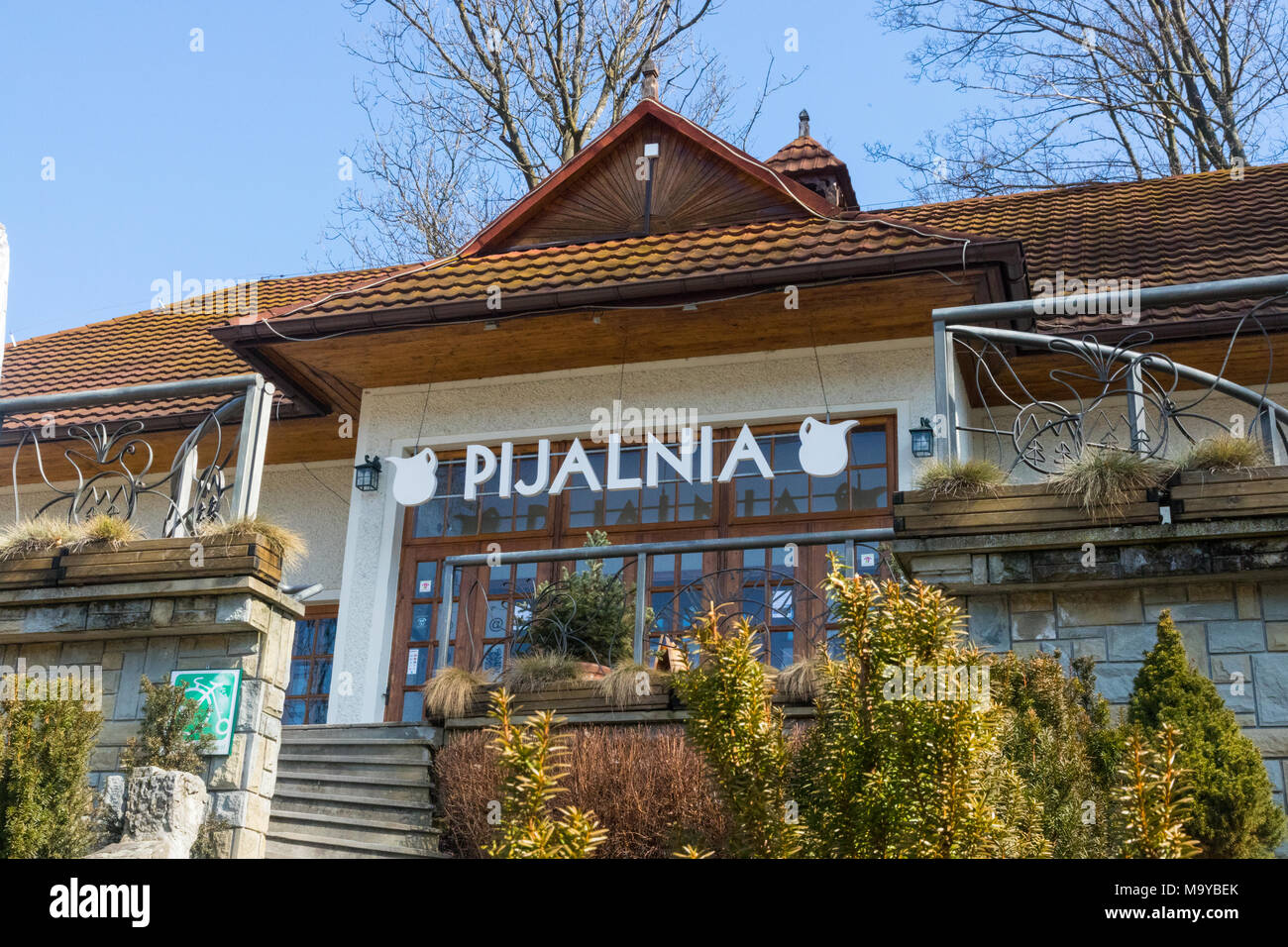 Pijalnia (translates as 'drinking hall) in Piwniczna, which hosts a natural source of mineral water and a artistic cafe in Piwniczna, Poland. Stock Photo