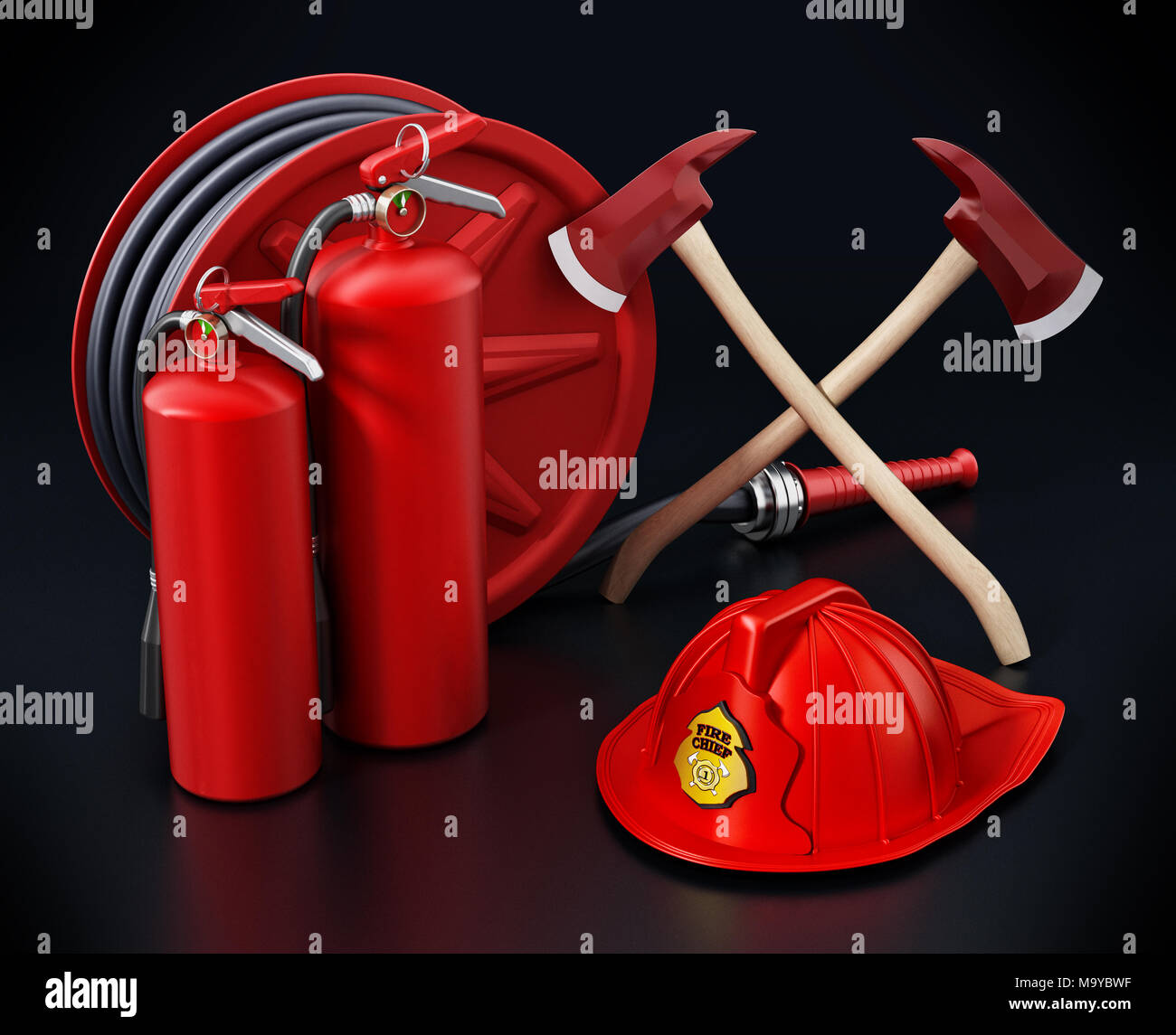 Fireman hat, hose, extinguishers isolated on black background 3D illustration Stock Photo