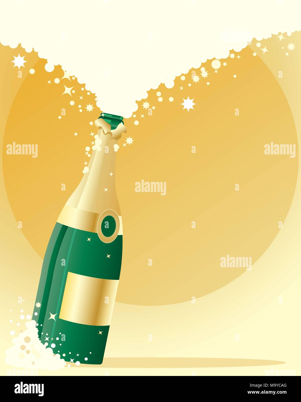 an illustration of a green glass champagne bottle on gold background