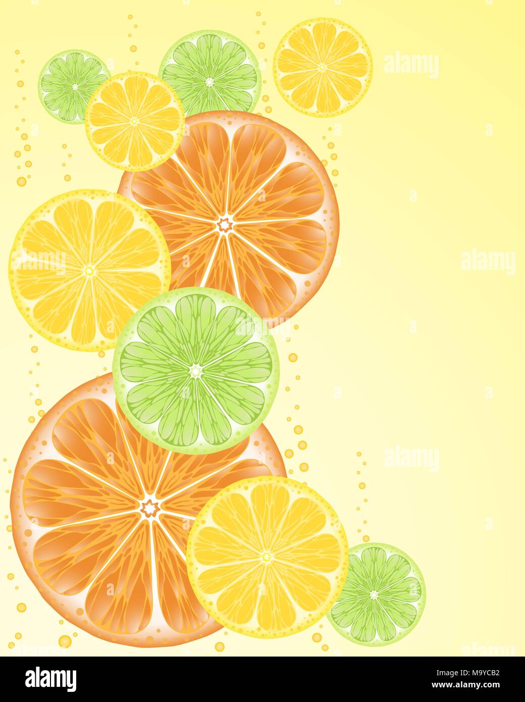 an illustration of orange lemon and lime fruit slices on a pale yellow ...